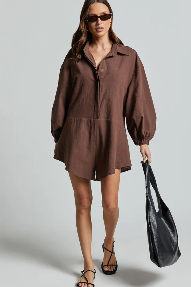 Anka Playsuit 8211 Relaxed Button Front Shirt Playsuit In Chocolate Women Showpo Rompers