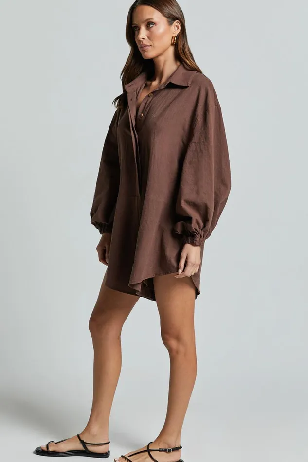 Anka Playsuit 8211 Relaxed Button Front Shirt Playsuit In Chocolate Women Showpo Rompers