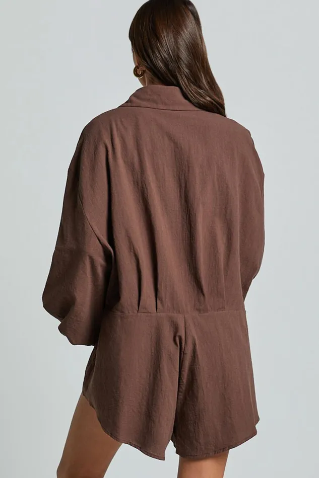 Anka Playsuit 8211 Relaxed Button Front Shirt Playsuit In Chocolate Women Showpo Rompers