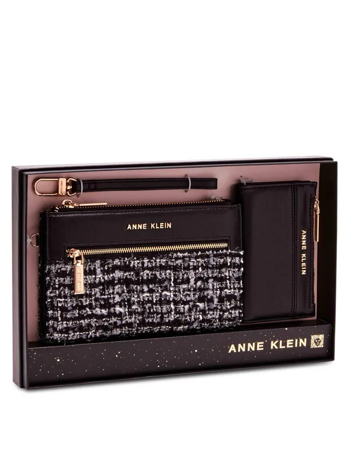 Anne Klein 2 Piece Gift Set With Tweed Zip Clutch And Card Case Black White Tweed Women Handbags