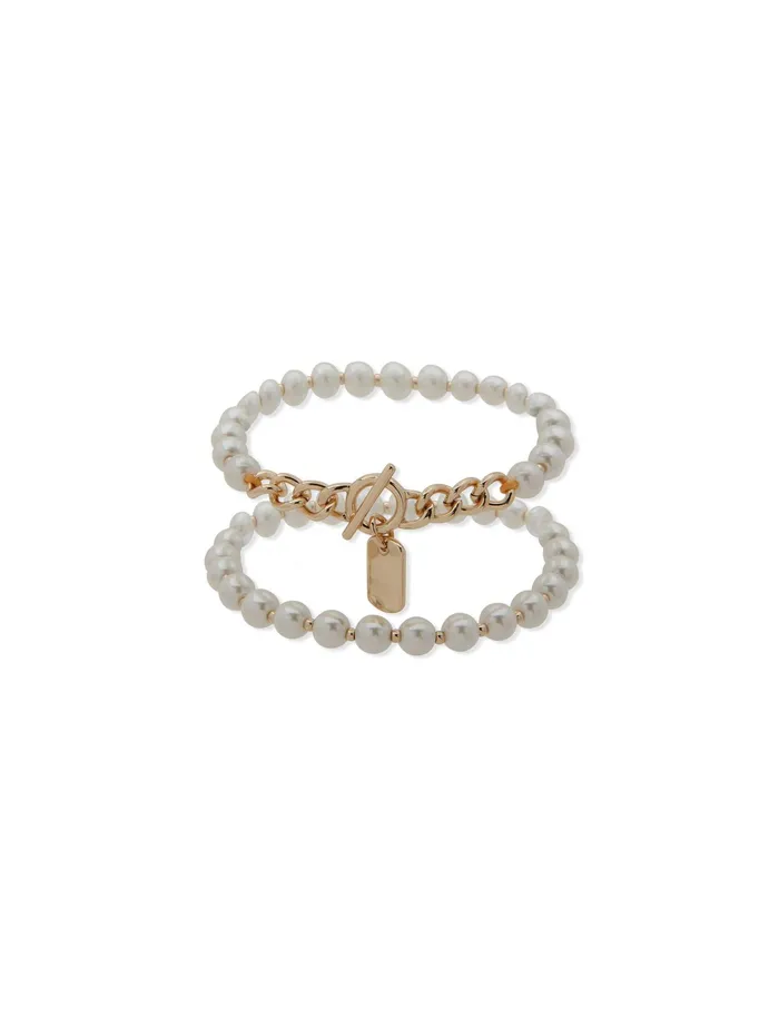 Anne Klein Faux Pearl Stretch Bracelet Set Goldtone Women Watches 038 Jewelry