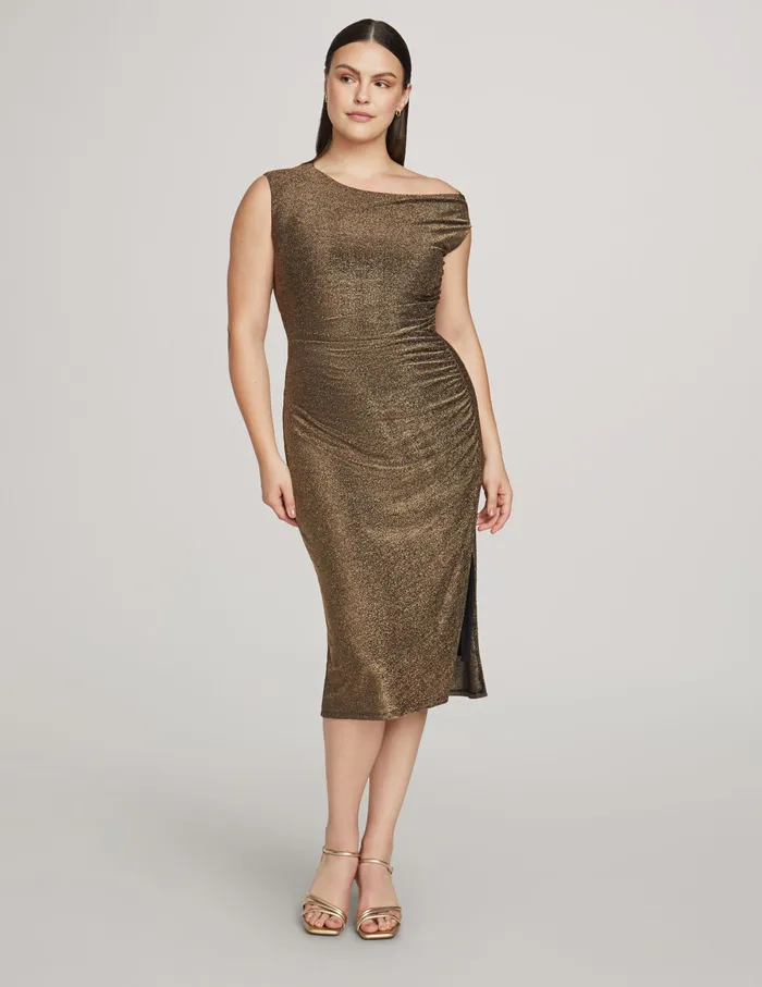 Anne Klein Metallic Ruched Midi Dress Gold Women Clothing