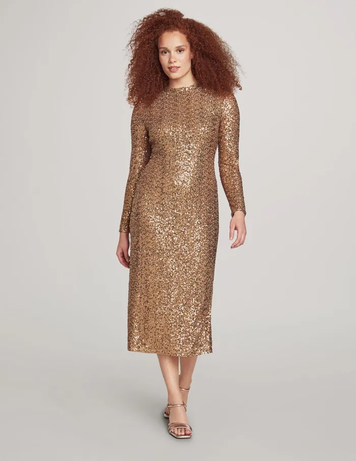 Anne Klein Sequin Long Sleeve Mock Neck Fitted Midi Dress Gold Women Clothing