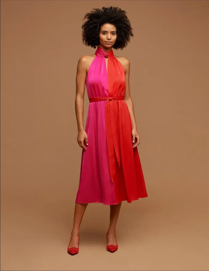 Anne Klein Twist Neck Halter Midi Dress Poppy Women Clothing