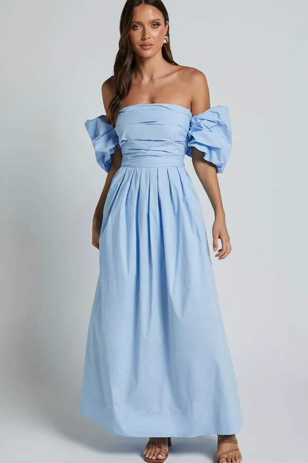 Annie Midi Dress 8211 Off The Shoulder Ruffle Sleeve Pleated Dress In Pale Blue Women Showpo Dresses