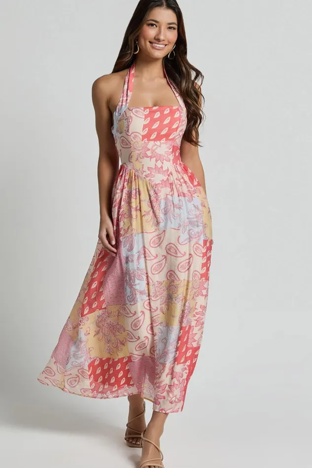 Anziel Midi Dress 8211 Halter Tie Back Tiered Dress In Pink Patchwork Print Women Showpo Dresses Anziel Midi Dress 8211 Halter Tie Back Tiered Dress In Pink Patchwork Print Women Showpo Dresses