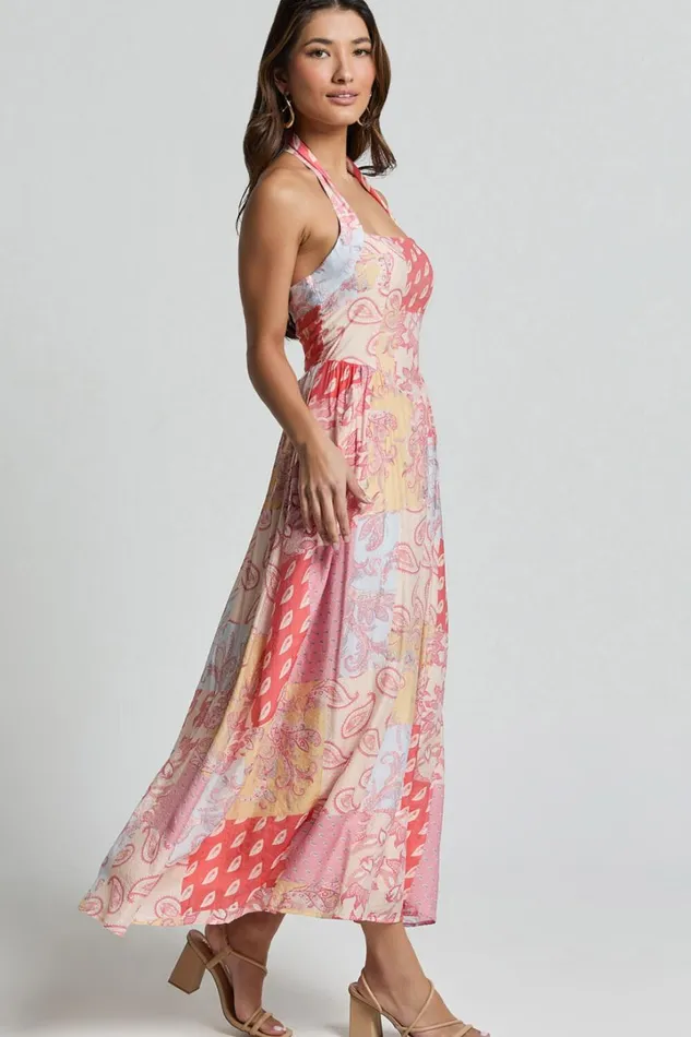 Anziel Midi Dress 8211 Halter Tie Back Tiered Dress In Pink Patchwork Print Women Showpo Dresses