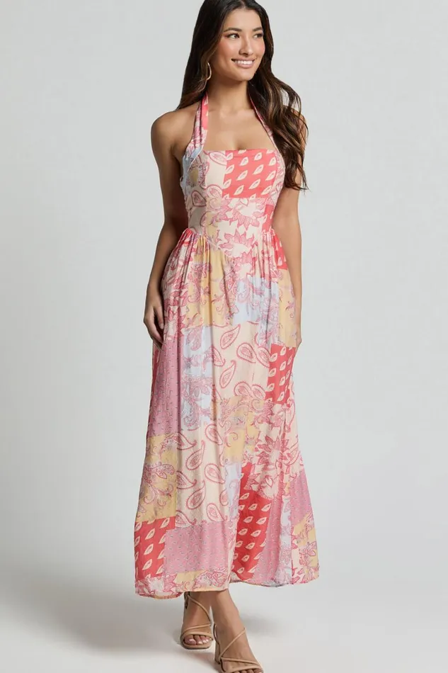 Anziel Midi Dress 8211 Halter Tie Back Tiered Dress In Pink Patchwork Print Women Showpo Dresses