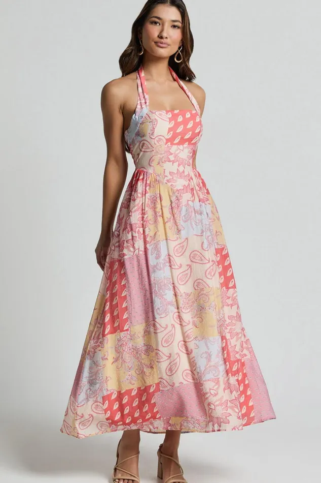 Anziel Midi Dress 8211 Halter Tie Back Tiered Dress In Pink Patchwork Print Women Showpo Dresses