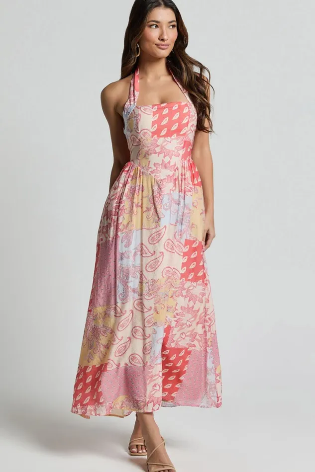 Anziel Midi Dress 8211 Halter Tie Back Tiered Dress In Pink Patchwork Print Women Showpo Dresses