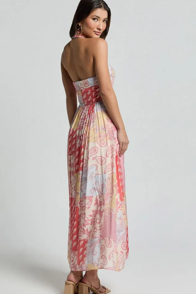 Anziel Midi Dress 8211 Halter Tie Back Tiered Dress In Pink Patchwork Print Women Showpo Dresses