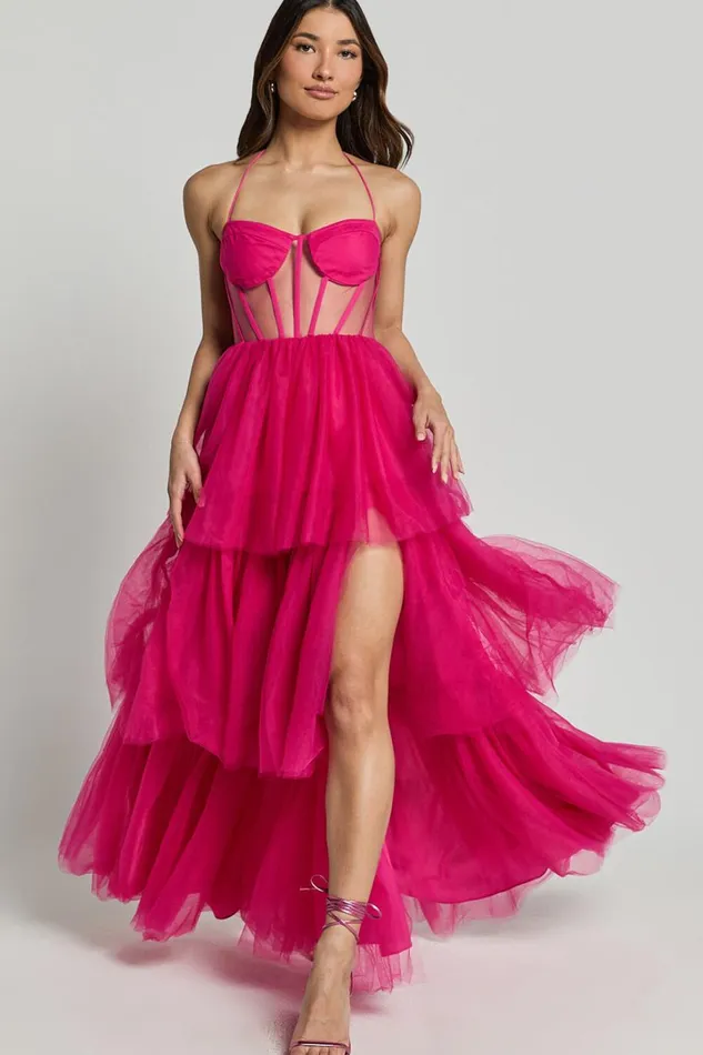 Ariel Maxi Dress 8211 Tiered Tulle Bustier Halter Dress In Hot Pink Women Showpo Dresses Ariel Maxi Dress 8211 Tiered Tulle Bustier Halter Dress In Hot Pink Women Showpo Dresses