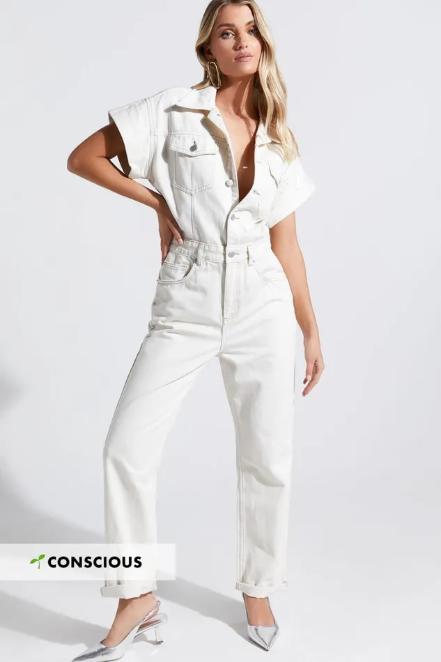 Ariya Jumpsuit 8211 Recycled Cotton Denim Jumpsuit In Ecru Women Showpo Jumpsuits