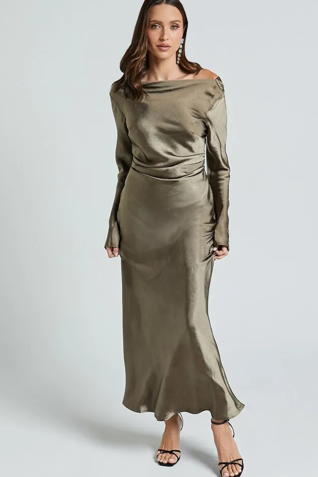 Arriana Midi Dress 8211 Long Sleeve Cowl Back Satin Dress In Dark Olive Women Showpo Dresses Arriana Midi Dress 8211 Long Sleeve Cowl Back Satin Dress In Dark Olive Women Showpo Dresses