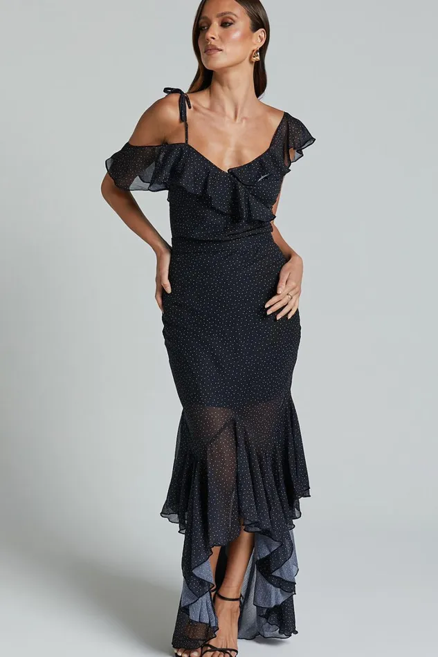 Artemisia Maxi Skirt 8211 Frill Detail Sheer High Low Skirt In Black Polka Women Showpo Skirts Artemisia Maxi Skirt 8211 Frill Detail Sheer High Low Skirt In Black Polka Women Showpo Skirts