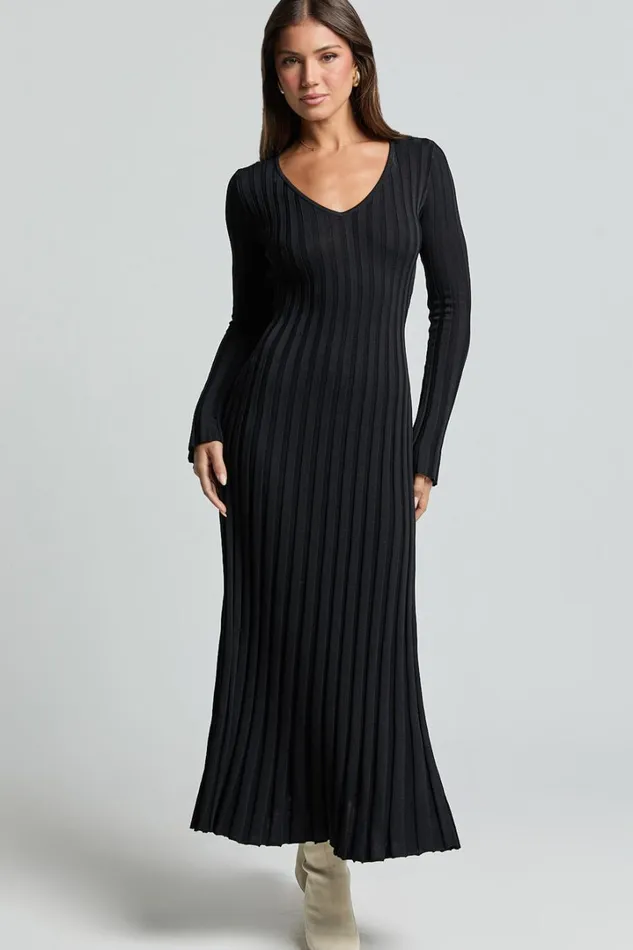 Astra Midi Dress 8211 V Neck Long Sleeve Knit Dress In Black Women Showpo Dresses
