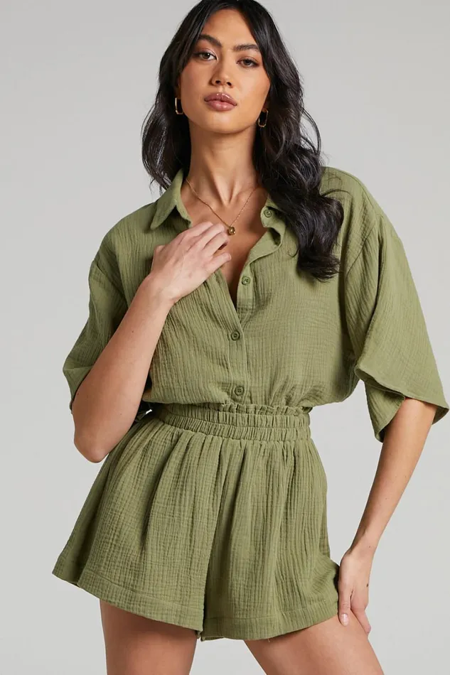 Atom Muslin Shirt 8211 Oversized Button Up Shirt In Khaki Women Showpo Swimwear