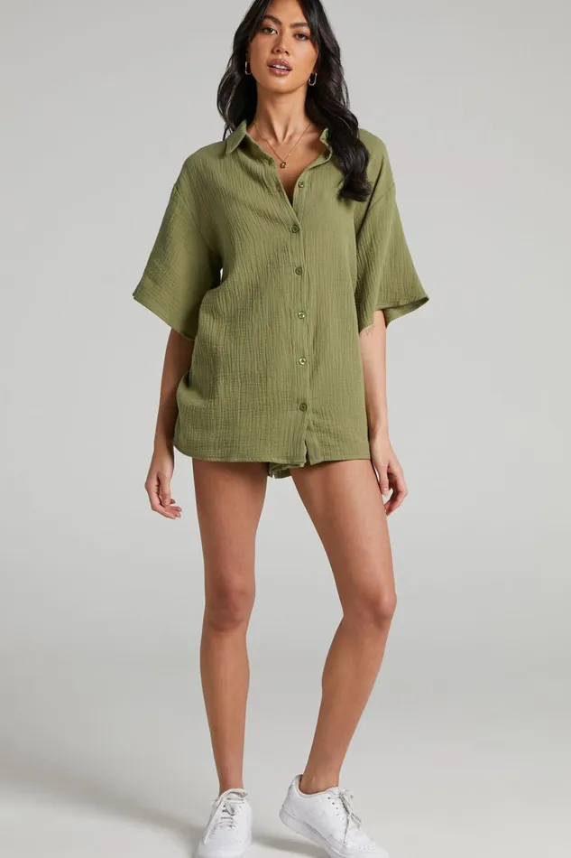 Atom Muslin Shirt 8211 Oversized Button Up Shirt In Khaki Women Showpo Swimwear