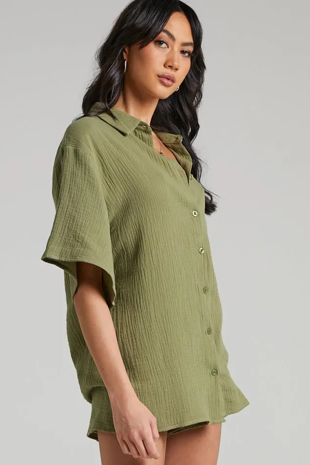 Atom Muslin Shirt 8211 Oversized Button Up Shirt In Khaki Women Showpo Swimwear