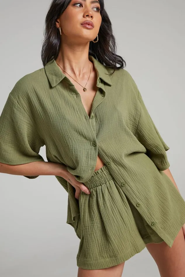 Atom Muslin Shirt 8211 Oversized Button Up Shirt In Khaki Women Showpo Swimwear