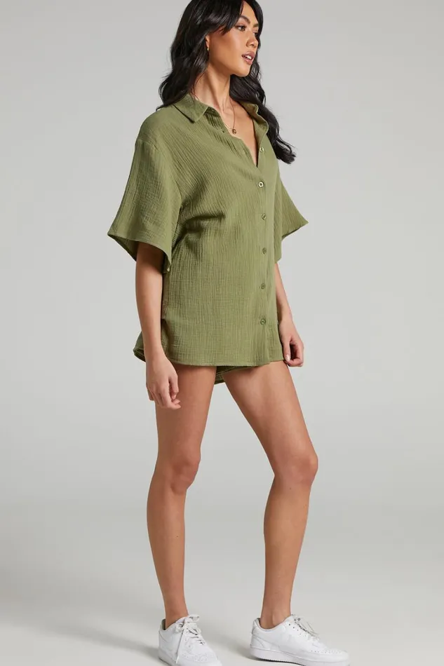 Atom Muslin Shirt 8211 Oversized Button Up Shirt In Khaki Women Showpo Swimwear