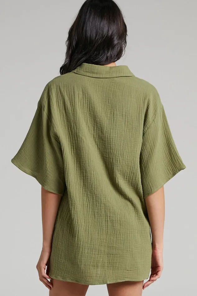 Atom Muslin Shirt 8211 Oversized Button Up Shirt In Khaki Women Showpo Swimwear