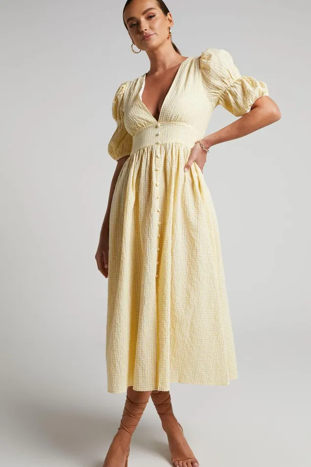 Augusta Midi Dress 8211 Button Detail V Neck Double Puff Sleeve Dress In Butter Yellow Women Showpo Dresses