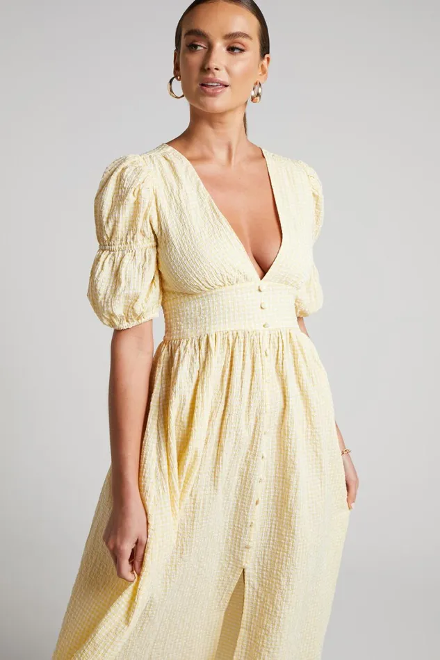 Augusta Midi Dress 8211 Button Detail V Neck Double Puff Sleeve Dress In Butter Yellow Women Showpo Dresses