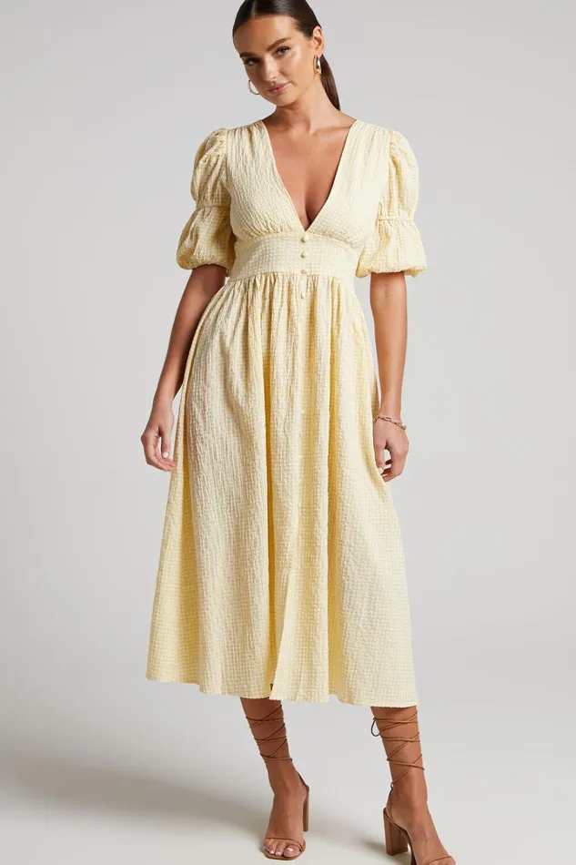 Augusta Midi Dress 8211 Button Detail V Neck Double Puff Sleeve Dress In Butter Yellow Women Showpo Dresses