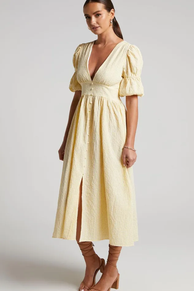 Augusta Midi Dress 8211 Button Detail V Neck Double Puff Sleeve Dress In Butter Yellow Women Showpo Dresses