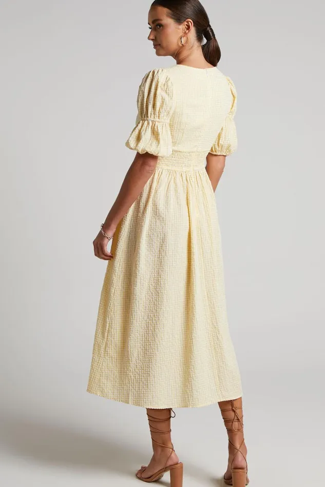 Augusta Midi Dress 8211 Button Detail V Neck Double Puff Sleeve Dress In Butter Yellow Women Showpo Dresses