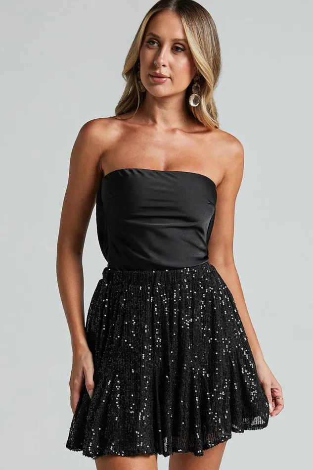 Aurelie Mini Skirt 8211 Elasticated Sequin Skater Skirt In Black Women Showpo Skirts