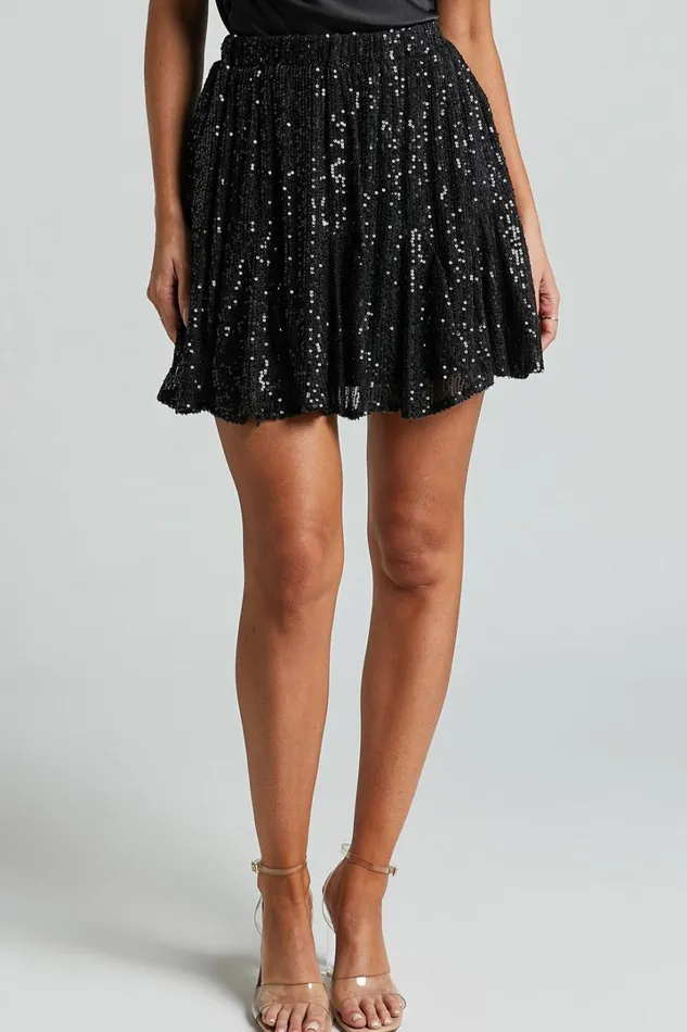 Aurelie Mini Skirt 8211 Elasticated Sequin Skater Skirt In Black Women Showpo Skirts