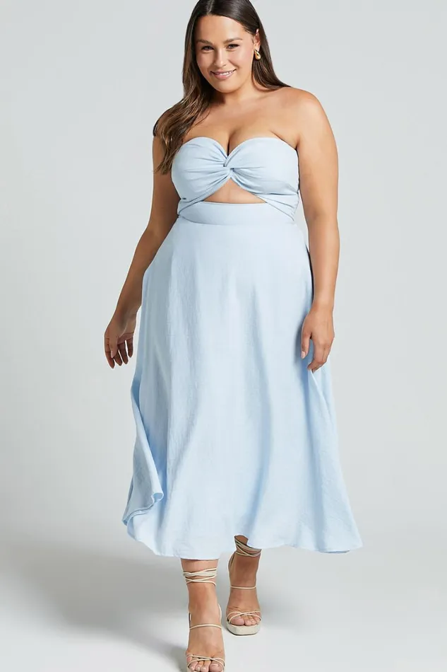 Avie Midi Dress 8211 Twist Strapless Cocktail Dress In Ice Blue Women Showpo Curve Clothes
