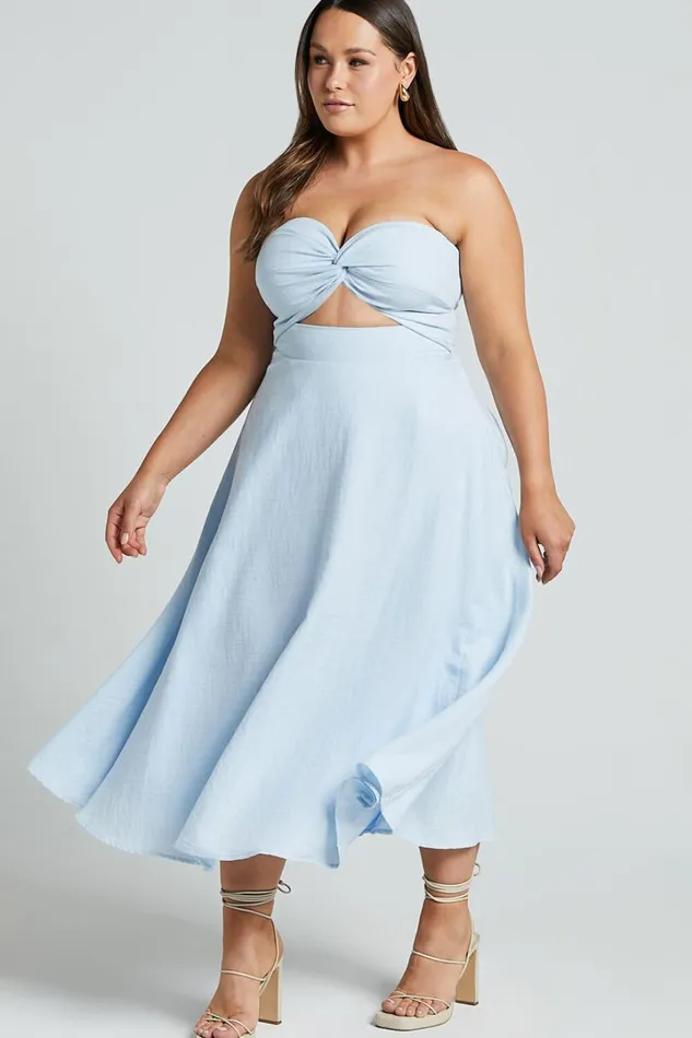 Avie Midi Dress 8211 Twist Strapless Cocktail Dress In Ice Blue Women Showpo Curve Clothes