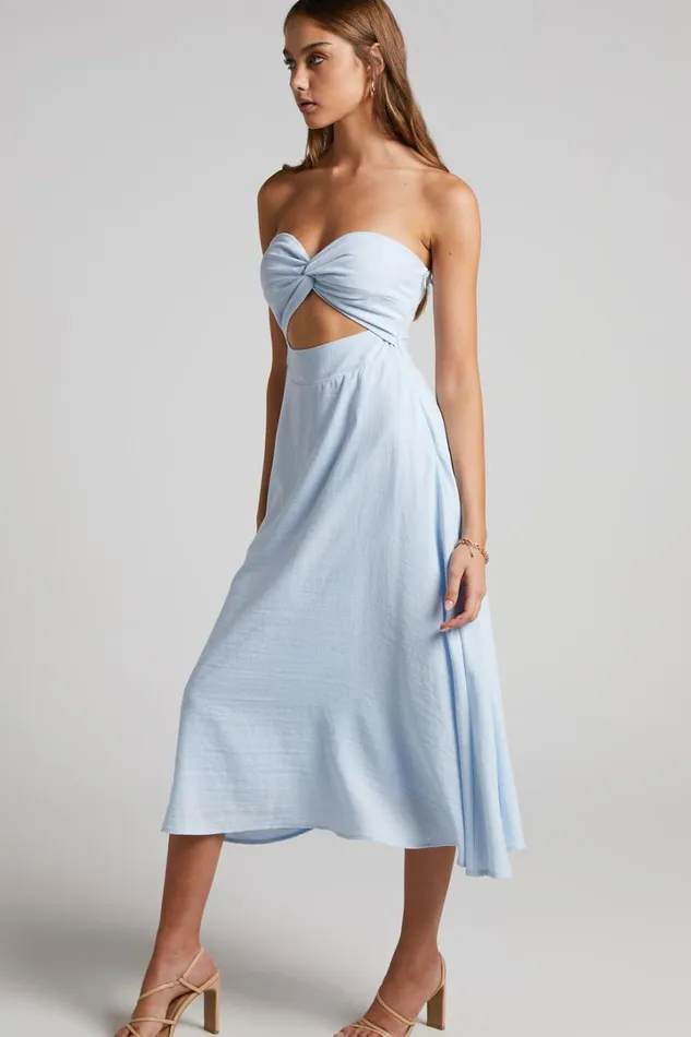 Avie Midi Dress 8211 Twist Strapless Cocktail Dress In Ice Blue Women Showpo Curve Clothes