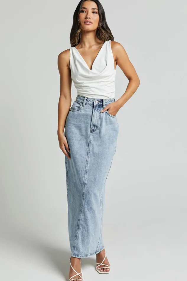 Bailee Midi Skirt 8211 Denim Column Back Split Skirt In Light Blue Wash Women Showpo Denim