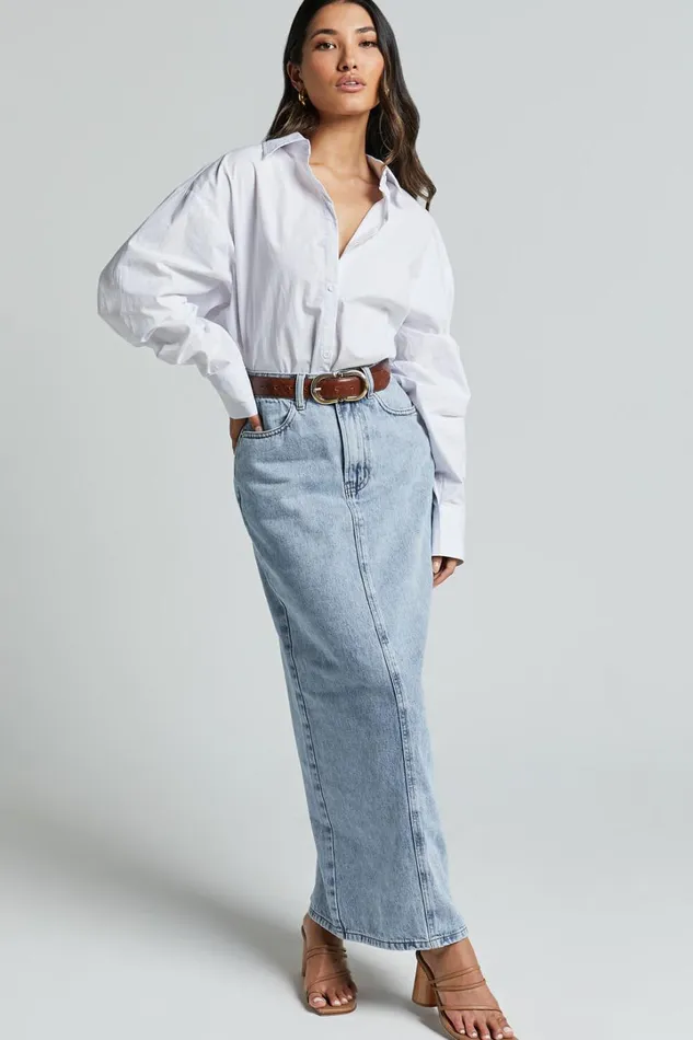 Bailee Midi Skirt 8211 Denim Column Back Split Skirt In Light Blue Wash Women Showpo Denim