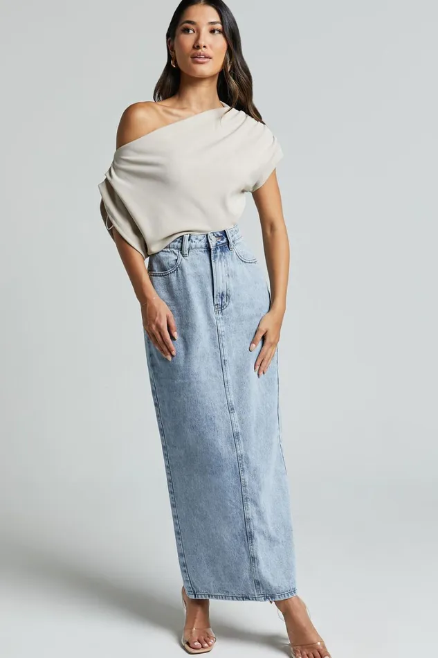 Bailee Midi Skirt 8211 Denim Column Back Split Skirt In Light Blue Wash Women Showpo Denim