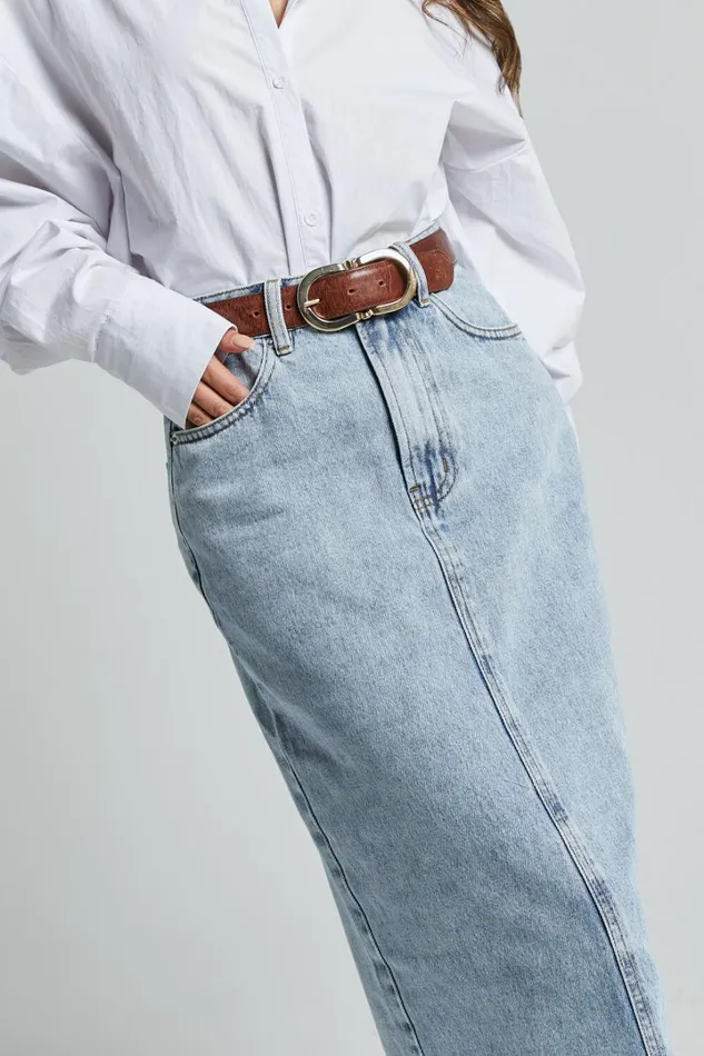 Bailee Midi Skirt 8211 Denim Column Back Split Skirt In Light Blue Wash Women Showpo Denim