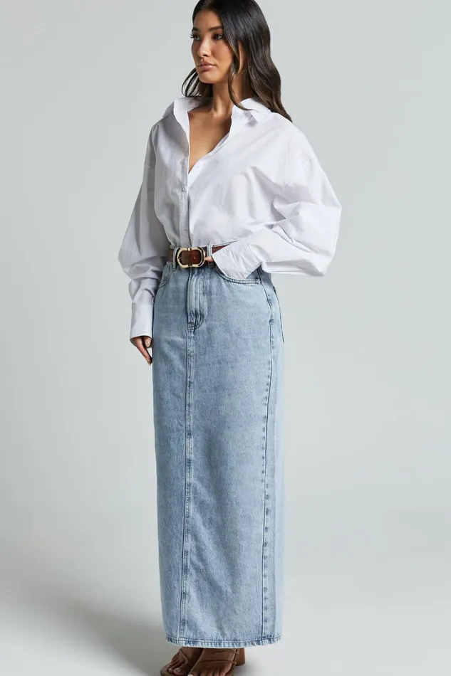 Bailee Midi Skirt 8211 Denim Column Back Split Skirt In Light Blue Wash Women Showpo Denim