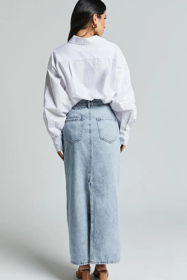 Bailee Midi Skirt 8211 Denim Column Back Split Skirt In Light Blue Wash Women Showpo Denim