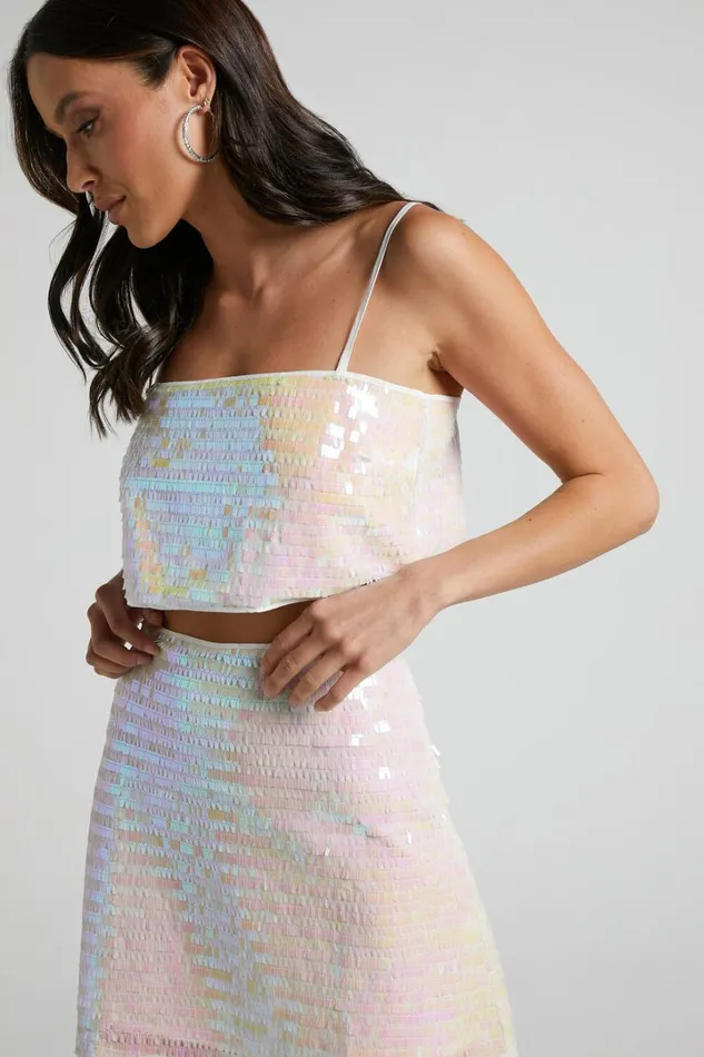 Barlyn Crop Top 8211 Square Neck Crop Flat Sequin Top In Pearl Women Showpo Tops