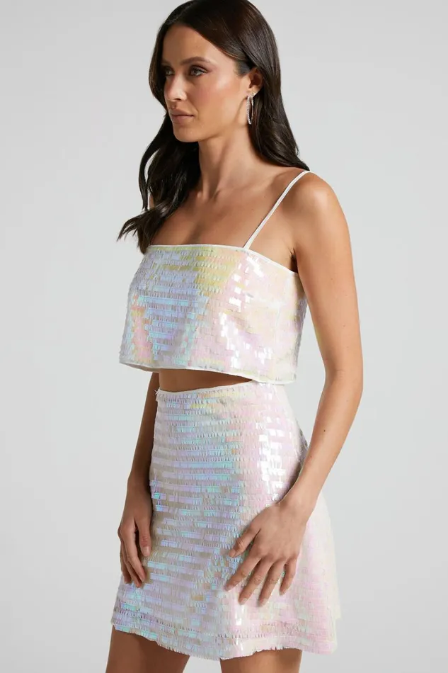 Barlyn Crop Top 8211 Square Neck Crop Flat Sequin Top In Pearl Women Showpo Tops