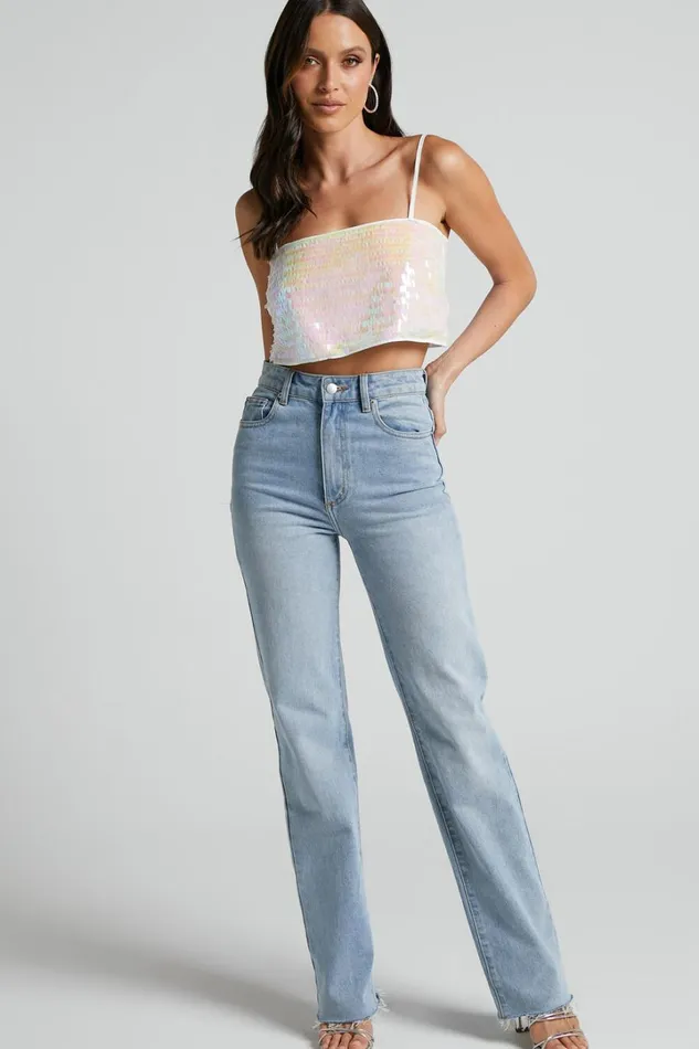 Barlyn Crop Top 8211 Square Neck Crop Flat Sequin Top In Pearl Women Showpo Tops