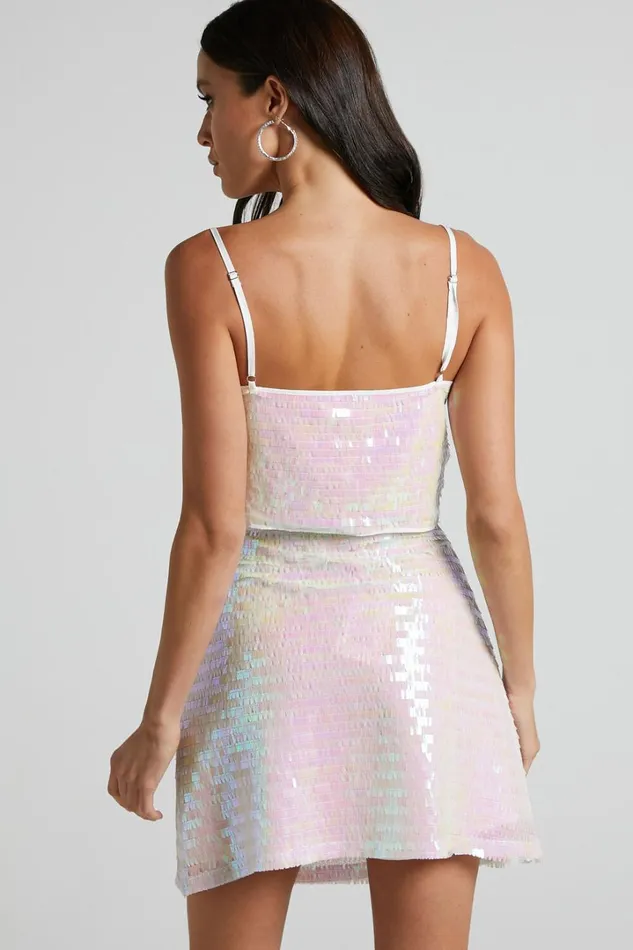 Barlyn Crop Top 8211 Square Neck Crop Flat Sequin Top In Pearl Women Showpo Tops
