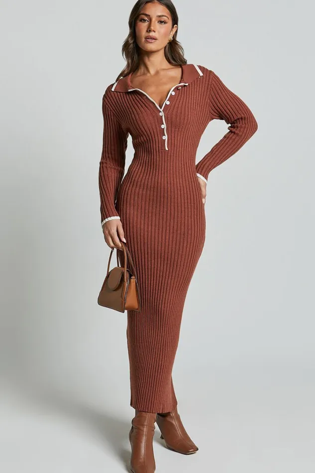 Becky Midi Dress 8211 Button Front Contrast Knit Midi Dress In Chocolate Women Showpo Dresses Becky Midi Dress 8211 Button Front Contrast Knit Midi Dress In Chocolate Women Showpo Dresses