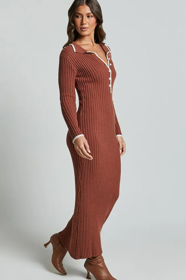 Becky Midi Dress 8211 Button Front Contrast Knit Midi Dress In Chocolate Women Showpo Dresses