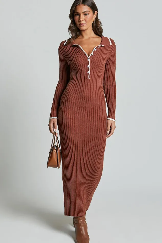 Becky Midi Dress 8211 Button Front Contrast Knit Midi Dress In Chocolate Women Showpo Dresses