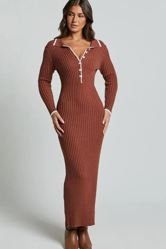 Becky Midi Dress 8211 Button Front Contrast Knit Midi Dress In Chocolate Women Showpo Dresses